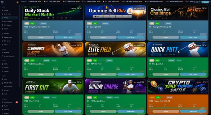 A sports and crypto trading platform dashboard displaying various contests including 'Daily Stock Market Battle', 'Opening Bell Blitz', 'Closing Bell Challenge', 'Clubhouse Classic', 'Elite Field', 'Quick Putt', 'First Cut', 'Sunday Charge', and 'Crypto Daily Trading Battle'.