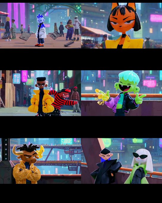 A collage of animated character designs features various stylized figures, including a girl with an orange bob, a fluffy green monster, and characters in streetwear, all set against a vibrant cyberpunk cityscape.