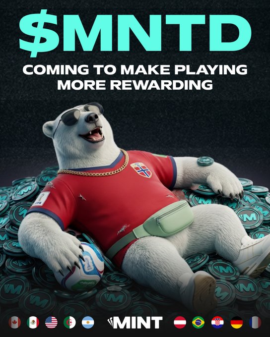 The image is a promotional ad featuring a relaxed polar bear wearing sunglasses, a gold chain, and a red jersey, lounging on a massive pile of teal "$MNTD" coins while holding a soccer ball. The headline reads **"$MNTD — COMING TO MAKE PLAYING MORE REWARDING"** with country flags and the MINT logo at the bottom. The image visually reinforces the post's message by depicting the luxurious, reward-filled outcome of playing on the platform — every spin, bet, or XP earned leads to the "wealthy bear" lifestyle funded by $MNTD token allocations.