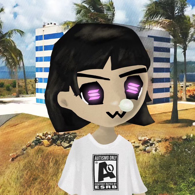 A stylized Gacha Life-style avatar with black hair and purple glitchy eyes wears a white 'AUTISMO ONLY' ESRB-rated t-shirt, standing in front of a tropical resort backdrop with palm trees and a blue-striped building.