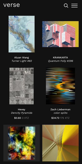 The image shows the Verse marketplace app displaying a grid of digital artworks for sale, including pieces by Aluan Wang, KRANKARTA, Hevey ($0.60 / 3 XTZ), and Zach Lieberman ($34.72 / 175 XTZ), with prices listed in XTZ (Tezos cryptocurrency), connecting to the post about Tezos art being available on the Verse Works platform.