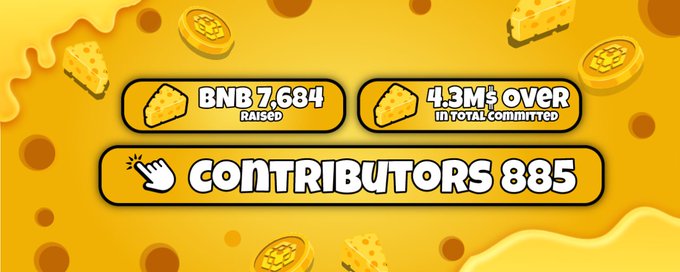 A cheese-themed graphic celebrating BabyAnsemBNB's record-breaking launch on CheesePad, displaying key metrics: "BNB 7.684 RAISED," "4.3M$+ OVER IN TOTAL COMMITTED," and "CONTRIBUTORS 885." The cheese and coin imagery visually reinforces the celebratory milestone of surpassing previous fundraising records.