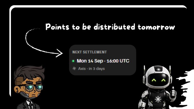 Illustration featuring cartoon characters with text 'Points to be distributed tomorrow' pointing to a 'NEXT SETTLEMENT' card showing 'Mon 14 Sep · 16:00 UTC' and 'Axis · in 3 days'.