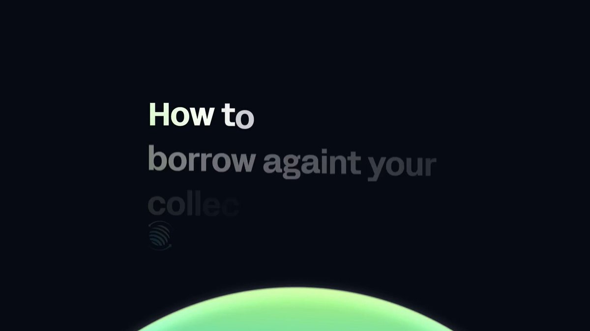 The image shows a collection of cards with the text "How to borrow against your collectibles" written above them, along with an illustration of a green planet below. The caption explains that you can use these cards as collateral for a loan, which is a new concept in the context of the post.