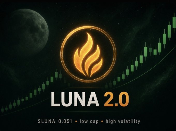 A promotional graphic for 'LUNA 2.0' showing the $LUNA token at '0.051', labeled 'low cap' and 'high volatility', with a fiery logo and green candlestick chart trending upward against a dark, moonlit background.