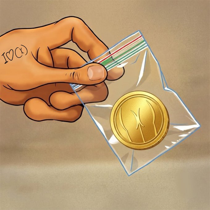 A hand with "1000" tattooed on it holds open a plastic ziplock bag containing a single gold coin, visually representing a stash of the cryptocurrency referenced by the ticker "$buttcoin" in the post. The image humorously likens the digital coin to a physical, addictive substance being carefully handled and concealed.
