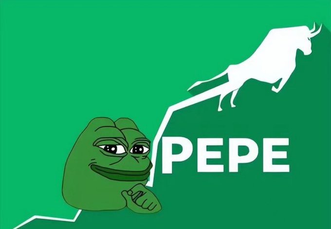 A green graphic featuring the Pepe the Frog meme character alongside a white bull silhouette and the text 'PEPE', symbolizing bullish crypto market sentiment.