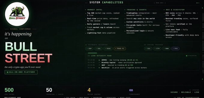 Promotional graphic for 'BULL STREET' crypto app with a green bull logo, advertising features like 'Top 500 market-cap coins,' 'Real-time price data,' and 'Lightning-fast data pipeline.'