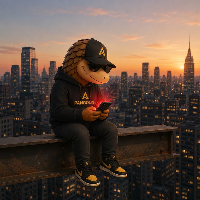 A pangolin mascot wearing a black cap, sunglasses, and a "PANGOLIN" hoodie sits on a steel beam above a city skyline at sunset, focused on a glowing smartphone in its hands—mirroring the post's theme of watching the $AVAX ecosystem come alive after dark.