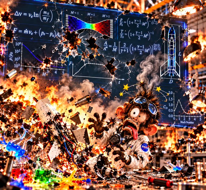 A surreal, chaotic digital artwork depicting a frantic monkey scientist with wild hair, goggles, and a NASA jacket in a lab explosion, surrounded by floating translucent blue screens displaying complex physics equations and graphs.
