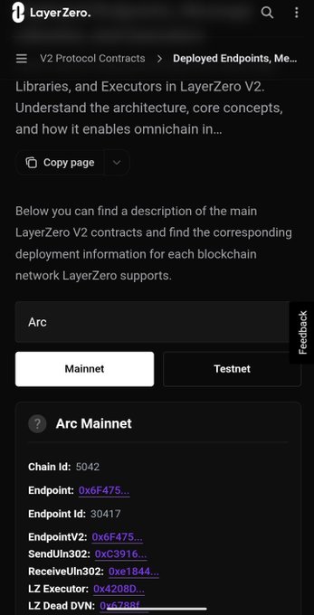 The image shows a LayerZero documentation page displaying deployed endpoints for the Arc Mainnet, including Chain ID: 5042, Endpoint ID: 30417, and various contract addresses (EndpointV2: 0x6F475..., SendUln302: 0xC3916..., ReceiveUln302: 0xe1844..., LZ Executor: 0x4208D..., LZ Dead DVN: 0x6788f...). This confirms the accompanying post's announcement of LayerZero's deployment on Arc mainnet, with the Endpoint ID 30417 matching the documentation shown.