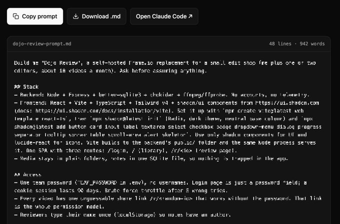 A screenshot of a dark-themed markdown editor showing a file named 'dojo-review-prompt.md' with technical instructions for building a 'Dojo Review' platform, including buttons for 'Copy prompt', 'Download.md', and 'Open Claude Code'.