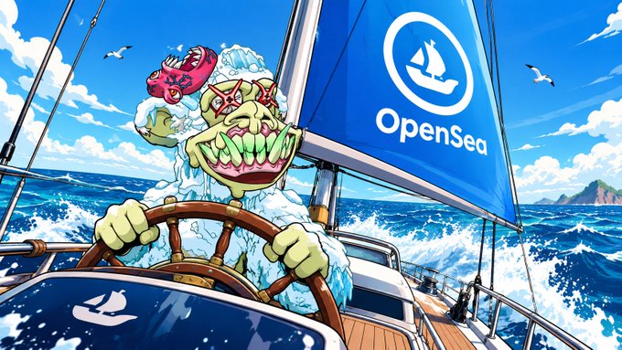 A green troll-like creature steers a sailboat across choppy waters, with a blue sail prominently displaying the OpenSea logo and name.