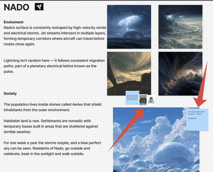 A lore card for the planet "NADO" featuring text on its stormy environment and dome-dwelling society, accompanied by multiple artwork images of turbulent weather, lightning-filled skies, and domed settlements, with red arrows highlighting reference images such as "Cloudbreak" from *The Stormlight Archive*.