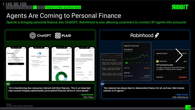 The image shows a presentation slide with three different types of mobile phones displayed, each representing a different company - Chitchat, Paid, and Robinhood. The phones are arranged side by side, showcasing their features and designs. The text on the slide reads "Agents Are Coming to Personal Finance", indicating that these companies are offering financial services to agents or customers.