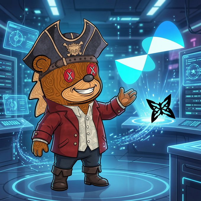 A cartoon bear dressed as a pirate with an eyepatch, X-shaped eyes, and a tricorn hat, standing in a sci-fi lab with logos for what appears to be blockchain projects.