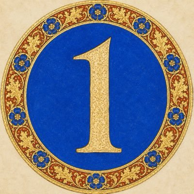 An ornate decorative illustration featuring the number '1' in gold against a blue circular background with floral patterns.