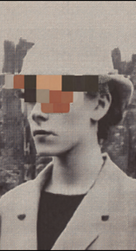 A vintage black-and-white photograph of a woman in a coat, with a pixelated orange and brown bar obscuring her eyes.