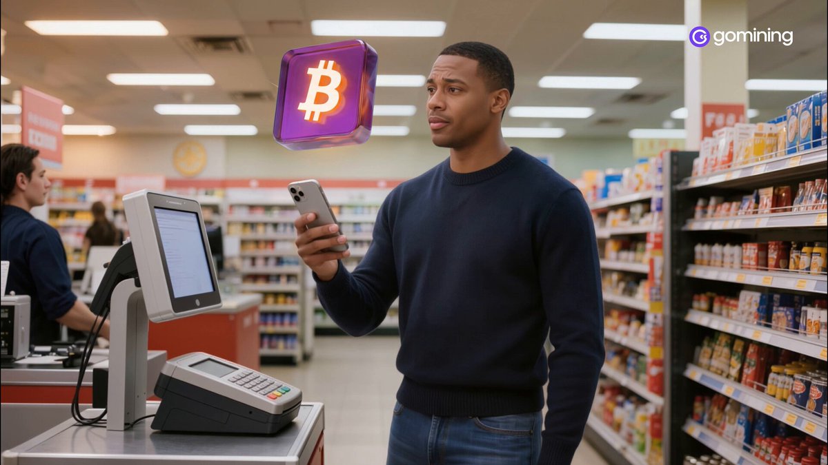 The image shows a man standing next to a cash register, holding up his phone with a Bitcoin symbol above it. The scene takes place inside a grocery store where there are various items for sale, including snacks like chips and candy bars displayed on shelves. The focus of the image is on the man's interaction with the Bitcoin symbol on his phone, possibly discussing or demonstrating its use in relation to the products available at the store.