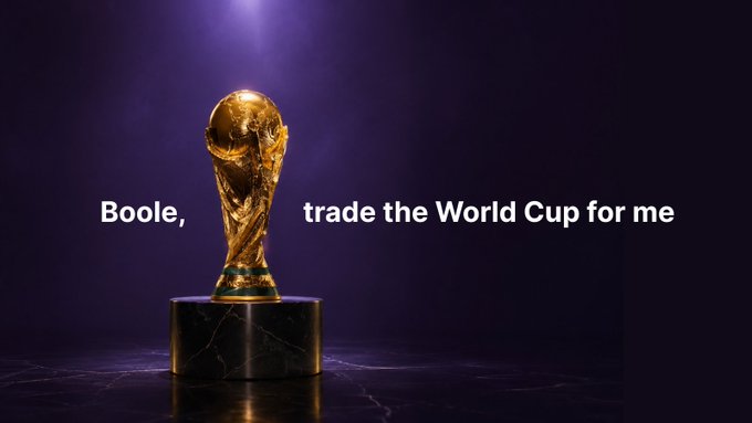 The image features the FIFA World Cup trophy dramatically lit against a dark background, overlaid with the text "Boole, trade the World Cup for me," highlighting a Polymarket trading strategy update showing a +17.2% portfolio gain after this weekend's matches.
