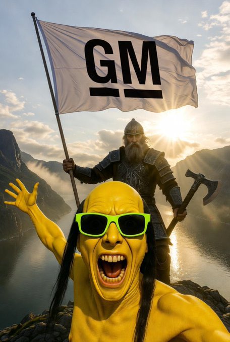 A yellow-skinned character wearing green sunglasses cheers enthusiastically in the foreground, while a Viking warrior holding a 'GM' flag and an axe stands on a cliff in a scenic fjord landscape behind them.