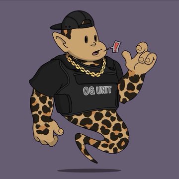 A cartoon NFT character with leopard-print skin wearing a black cap, gold chain, and 'OG UNIT' shirt, making a gesture on a purple background.