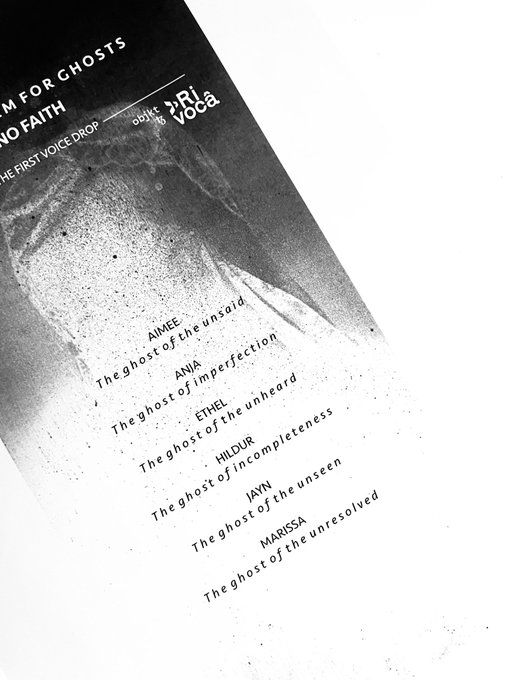 A black and white grunge-style promotional image for a voice drop titled 'AIM FOR GHOSTS WITH NO FAITH' by 'only if Ri voca', listing tracks like 'The ghost of the unsaid' and 'The ghost of the unresolved' for singers AIMEE, ANIA, ETHEL, HILDUR, JAWN, and MARISSA.