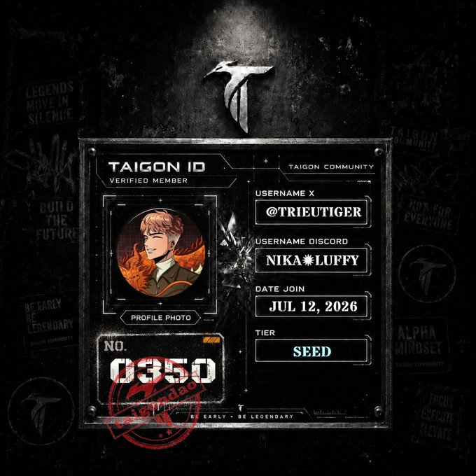A dark stylized 'TAIGON ID' verification card displaying username X '@TRIEUTIGER', Discord username 'NIKA ☀ LUFFY', date joined 'JUL 12, 2026', tier 'SEED', and member number 0350.