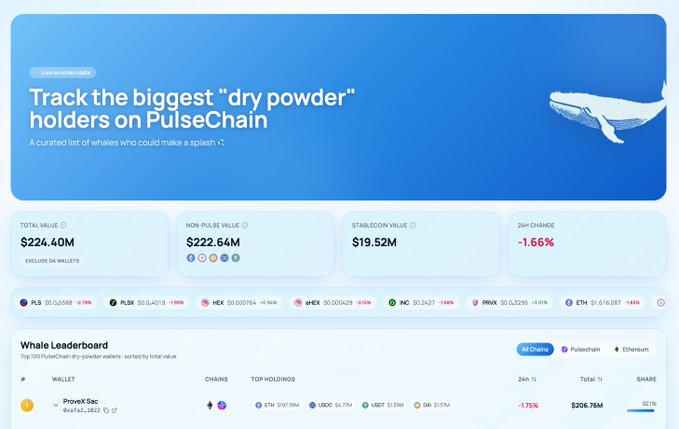 The image shows a website called PulseChain, which displays a blue header with white text that reads "Track the biggest 'dry powder' holders on Pulsechain". The website also provides information about the price of dry powder, including details such as the current value, the highest and lowest prices, and the average price. There is an image of a whale in the top left corner of the page, which adds visual interest to the presentation.