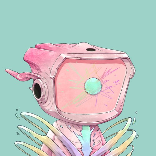 Illustration of a pink robot-like character with a TV-shaped head displaying colorful scribbles on its screen, set against a light green background.