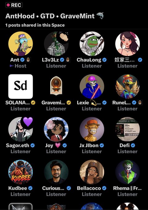 A screenshot of an X (Twitter) Space recording titled "AntHood • GTD • GraveMint" showing 1 post shared, with the host "Ant" and various listeners including L3v3Lz, ChauLong, 奴家三..., SOLANA..., Gravemi..., Lexie, Runel..., Sagor.eth, Joy, Jx Jibon, Defi, Kudbee, Curious..., Bellacoco, and Rhema.