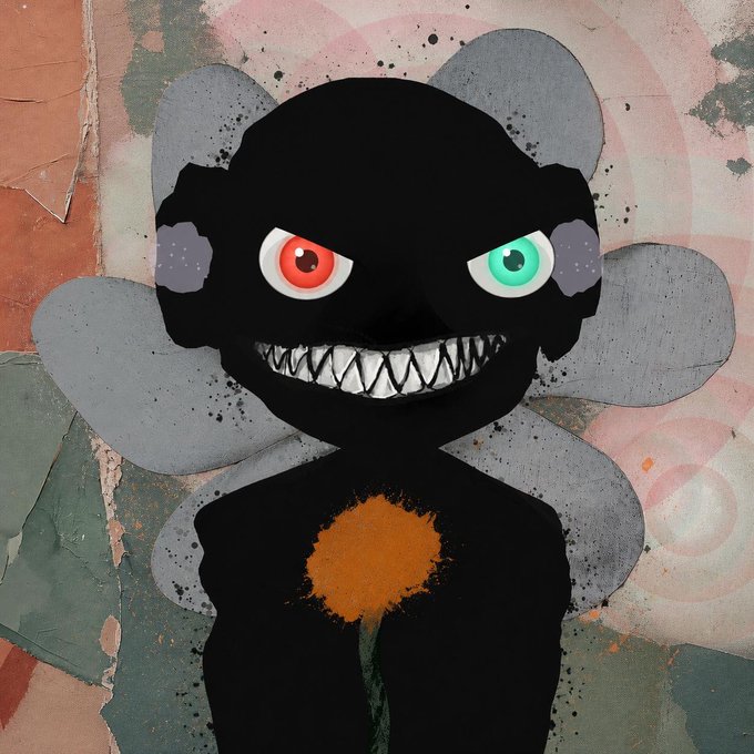 This image features a black, spooky character with red and green eyes and a wide, toothy grin, set against a colorful, textured background. It serves as a visual for "Blotters by @arbovonderwald," likely an NFT collection advertised in the accompanying post for FOG holders.