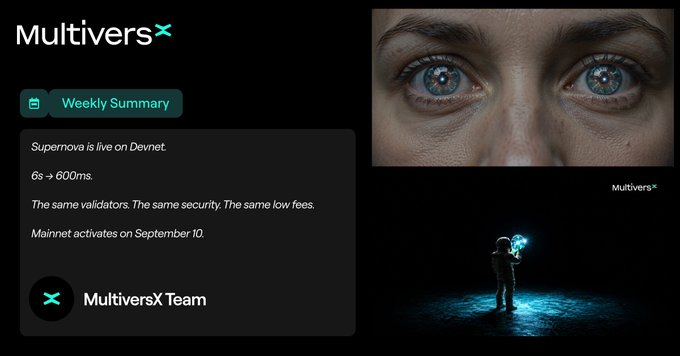 The MultiversX "Weekly Summary" highlights that Supernova is live on Devnet with a major performance upgrade reducing block times from 6s to 600ms, maintaining the same validators, security, and low fees, with mainnet activation scheduled for September 10. The post elaborates on additional updates including the DEVNET Upgrade D2.0.4.0, stress testing opportunities, and the growing MvX Cookbook of onchain projects.