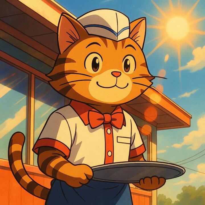 The image features a cartoon cat wearing a chef's hat, holding a plate of food with both hands while standing outside. The cat appears to be smiling as if it has just finished preparing breakfast for its customers. The caption at the bottom of the image reads "Standard morning excellence unlocked $CWIF".