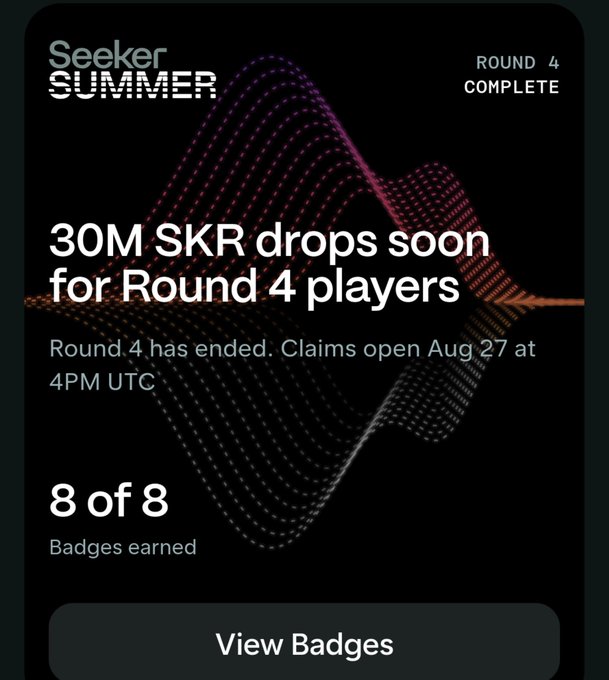 A 'Seeker Summer' notification screen announcing '30M SKR drops soon for Round 4 players', noting 'Round 4 has ended. Claims open Aug 27 at 4PM UTC', showing '8 of 8 Badges earned' with a 'View Badges' button.
