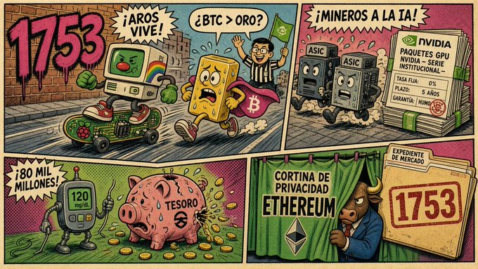 A comic-style illustration divided into four panels featuring Bitcoin, mining equipment, a piggy bank, and an Ethereum privacy curtain, with '1753' prominently displayed.