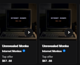 Two identical listings for 'Unrevealed Monke' Internet Monkes NFTs shown with a top offer of $67.88.