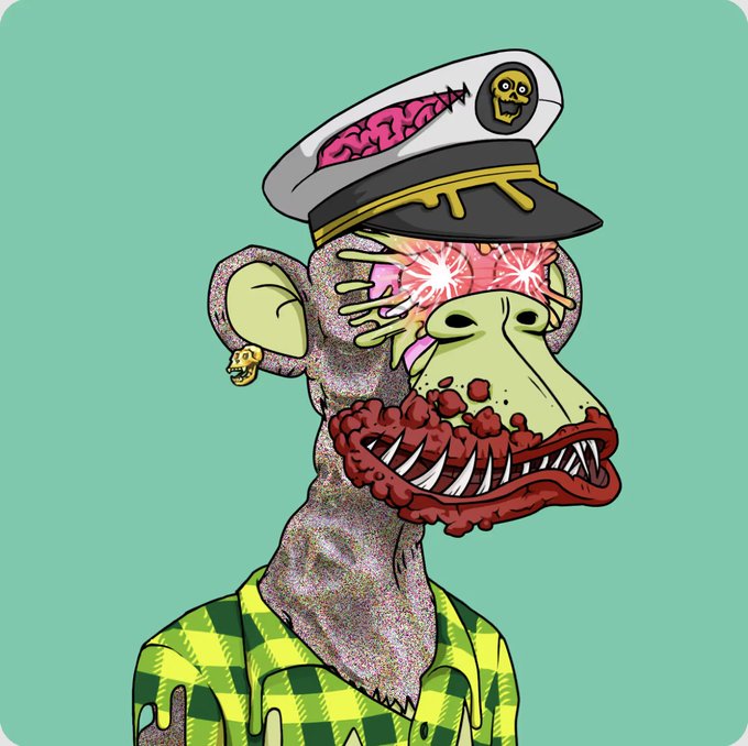 A cartoon-style illustration of a grotesque zombie monkey with exposed red gums, sharp teeth, a gold skull earring, and a captain's hat, featuring a brain with glowing pink eyes on a teal background.