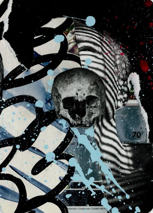 A dark, gothic mixed-media artwork featuring a grayscale human skull centered among black and white striped patterns, with blue paint splatters, red accents, and the text '70°' visible on a tag.
