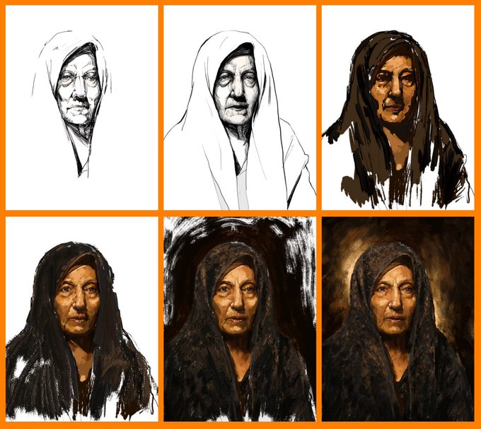 A six-panel grid shows the progression of a digital portrait sketch of an elderly woman in a headscarf, starting from a line drawing and evolving through various painting stages to a fully rendered portrait.