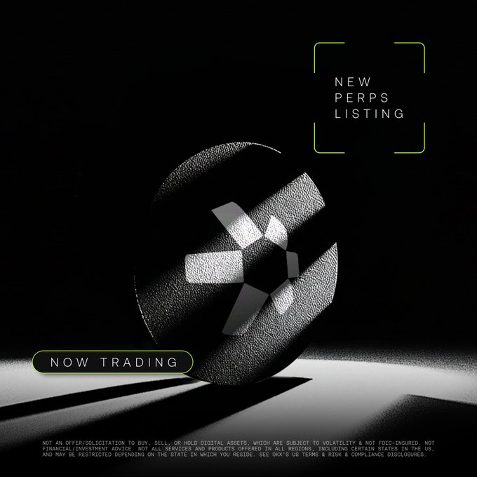 A dark promotional graphic for 'New PERPS Listing' featuring a geometric sphere, marked 'NOW TRADING' with disclaimers at the bottom.