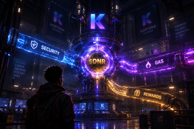 A futuristic digital scene showing a figure facing a glowing central display for 'KORTANA NETWORK' with neon signs labeled 'SECURITY,' '$DNR,' 'GAS,' and 'REWARDS,' along with text promoting 'POWERING THE NEXT GENERATION OF DEFI.'
