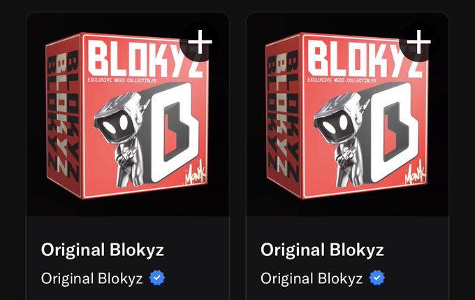 Two identical digital collectible listings on a platform display red 'BLOKYZ' boxes, each labeled 'Original Blokyz' with a verified checkmark.