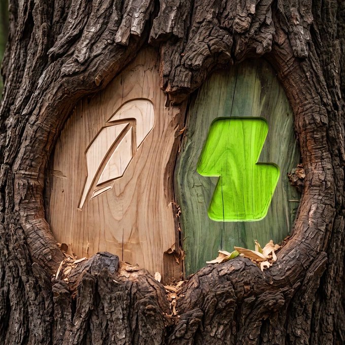 A close-up of a tree trunk featuring two carved wooden recesses with abstract shapes—one tan-colored angular form and one bright green rectangular form—nestled within the gnarled bark.