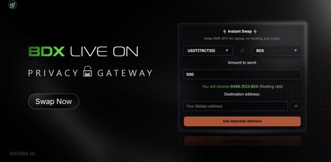 A promotional graphic for 'BDX LIVE ON PRIVACY GATEWAY' from beldex.io, featuring a cryptocurrency instant swap interface for USDT(TRC20) to BDX.