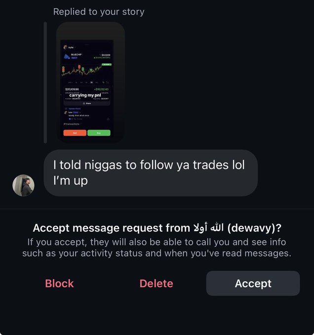 A screenshot of an Instagram message request from "dewavy" replying to a story with a cryptocurrency trading chart showing "$50,308.06" and a profit of "$9113.43," saying "I told niggas to follow ya trades lol I'm up," with options to Block, Delete, or Accept—supporting the caption "i make ts look ez" by showcasing a follower profiting from shared trades.