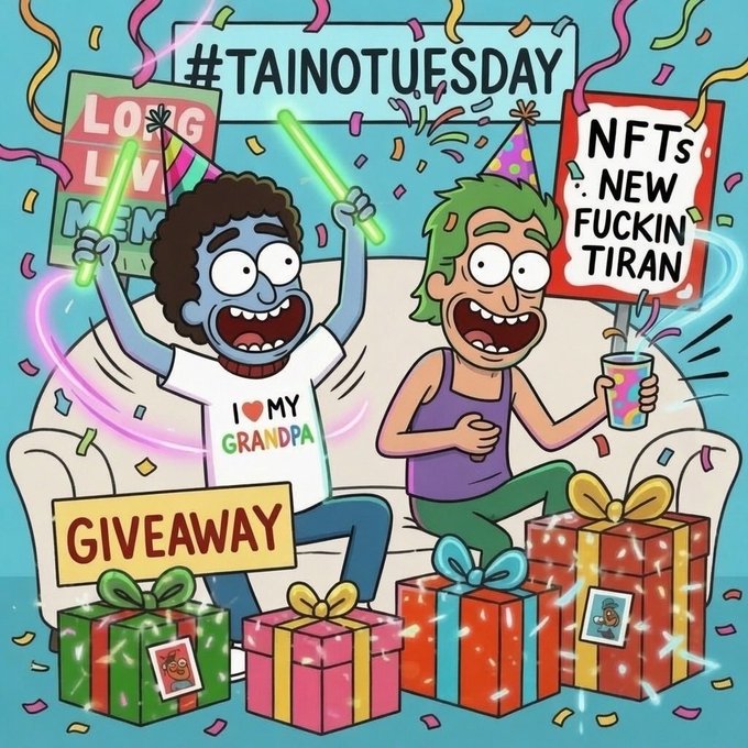 A cartoon illustration labeled '#TAINOTUESDAY' featuring two characters celebrating with signs reading 'LONG LIVE MEW' and 'NFTs NEW FUCKIN TIRAN' alongside wrapped gifts and a 'GIVEAWAY' sign.