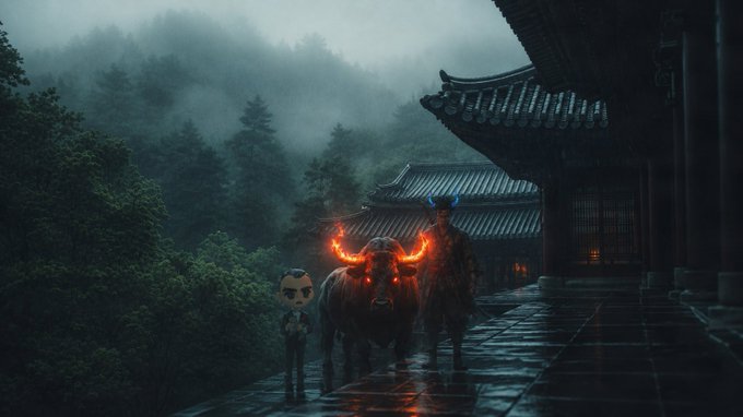 A misty, atmospheric mountain path lined with traditional East Asian architecture frames a small chibi figure standing beside two dark bulls whose horns glow fiery orange, with a silhouetted guardian figure nearby. The foggy, damp stone walkway leading into the mist visually echoes the post's message about finding the path even in the darkest fog, while the glowing horns symbolize the persistence and inner fire of the "$Ansem" community—urging viewers to keep building and keep "bulliving."