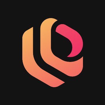 A modern logo design featuring a stylized 'D' or hexagonal shape in gradient pink and orange colors set on a black background.