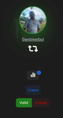 A dark-themed mobile app interface displays a user profile with the handle '0xestmerbol' and an avatar photo, featuring analytics and report buttons, plus 'Valid' (green) and 'Invalid' (red) buttons for community moderation.